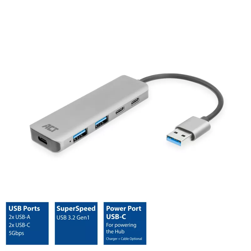 USB šakotuvas ACT AC6125 3.2 Gen 1 Type-A 5000 Mbit/s pilkas
