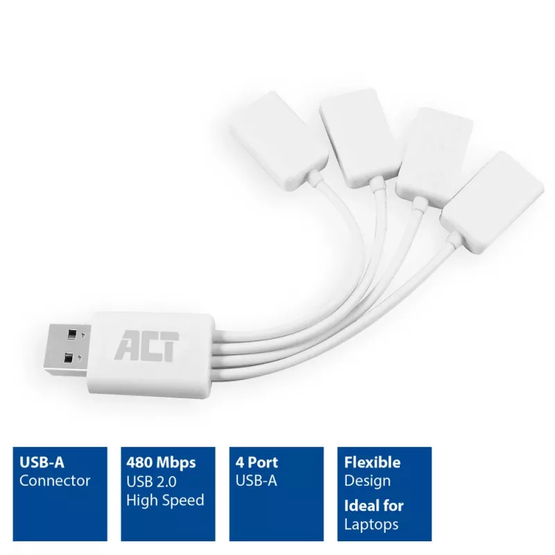 ACT USB šakotuvas 4 prievadai USB-A lankstus USB 3.2 Gen 1 Baltas 480 Mbit/s
