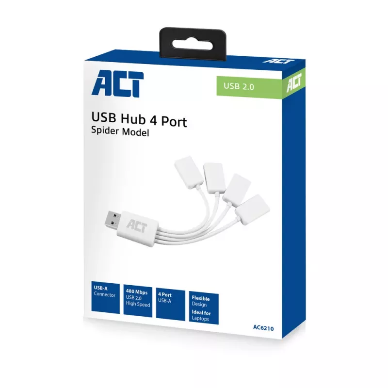 ACT USB šakotuvas 4 prievadai USB-A lankstus USB 3.2 Gen 1 Baltas 480 Mbit/s