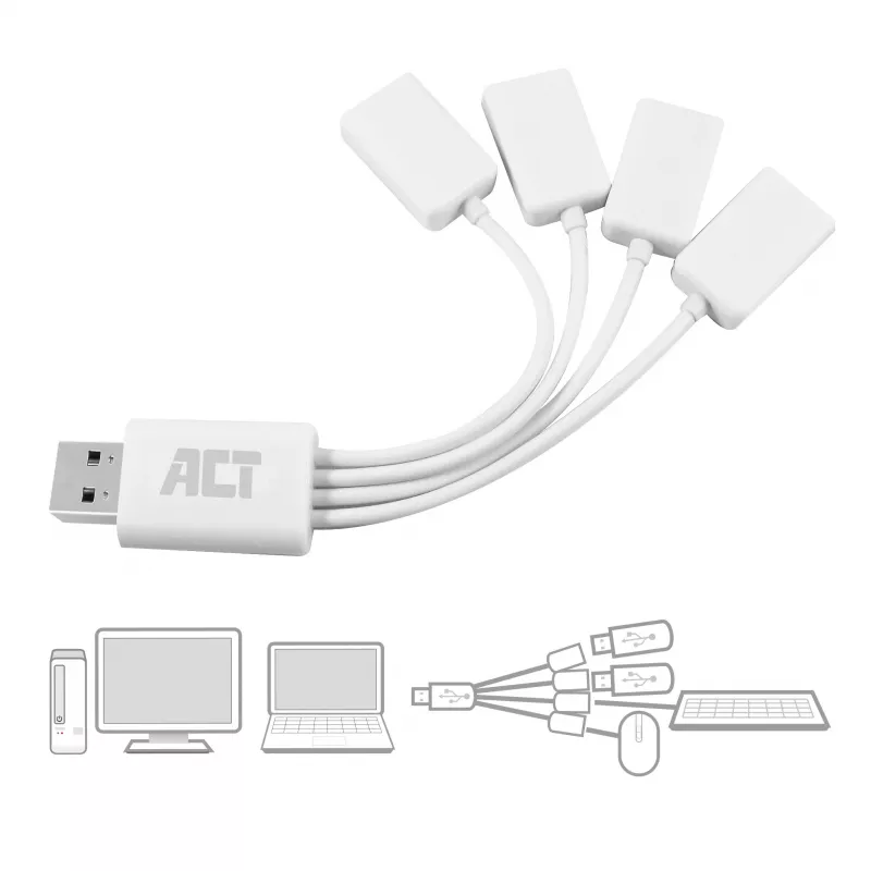 ACT USB šakotuvas 4 prievadai USB-A lankstus USB 3.2 Gen 1 Baltas 480 Mbit/s