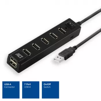 USB šakotuvas ACT AC6215 7 prievadų USB 2.0 480 Mbit/s juodas