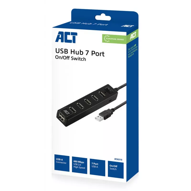 USB šakotuvas ACT AC6215 7 prievadų USB 2.0 480 Mbit/s juodas