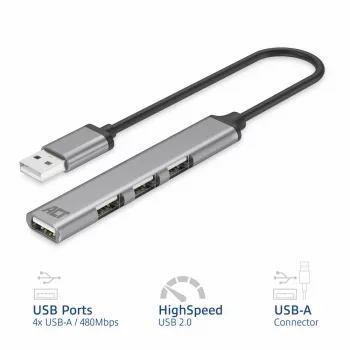 ACT AC6225 USB 2.0 4 prievadų šakotuvas, pilkas aliuminis