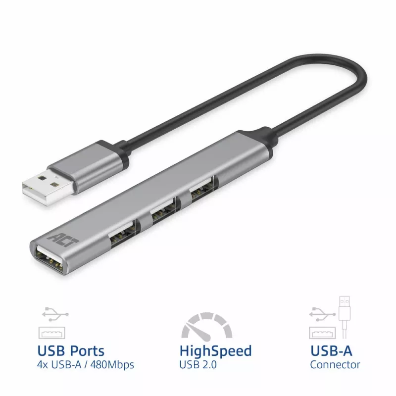 ACT AC6225 USB 2.0 4 prievadų šakotuvas, pilkas aliuminis