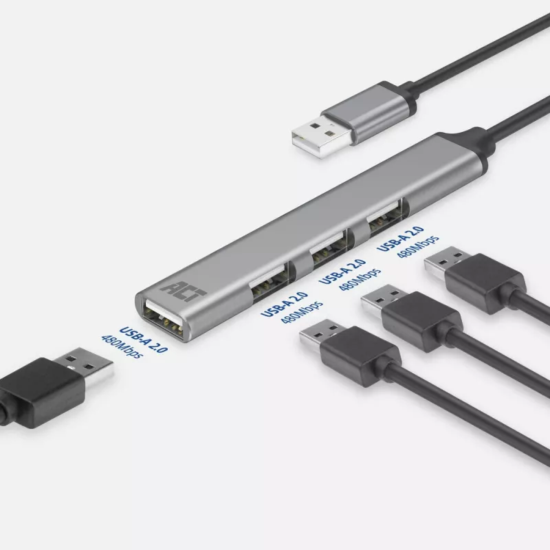 ACT AC6225 USB 2.0 4 prievadų šakotuvas, pilkas aliuminis
