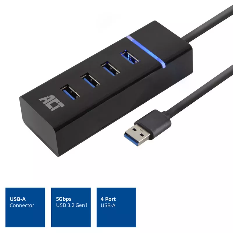 ACT AC6300 USB 3.2 Gen 1 4 prievadų USB Type-A šakotuvas, 5000 Mbit/s, juodas