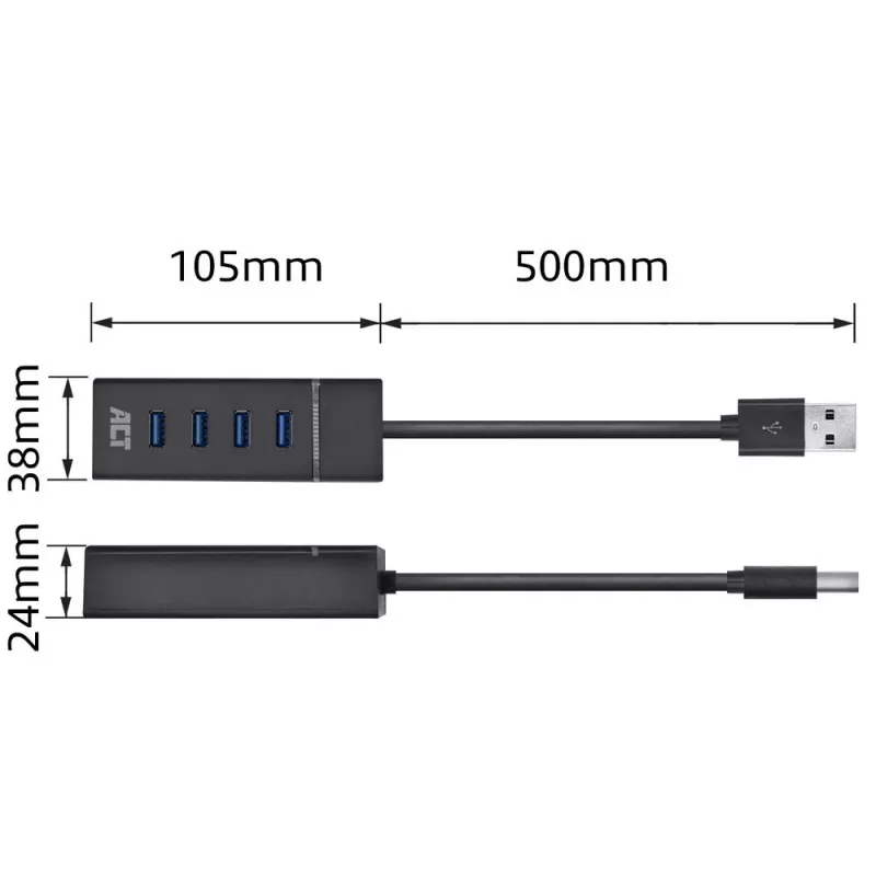 ACT AC6300 USB 3.2 Gen 1 4 prievadų USB Type-A šakotuvas, 5000 Mbit/s, juodas