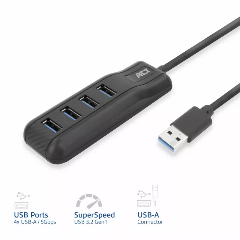 ACT AC6320 USB 3.2 Gen 1 4 prievadų USB-A šakotuvas, juodas