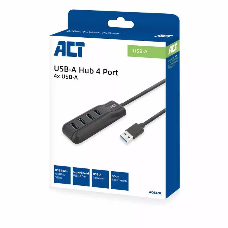 ACT AC6320 USB 3.2 Gen 1 4 prievadų USB-A šakotuvas, juodas