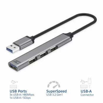 ACT AC6325 USB 3.2 Gen 1 Type-A USB šakotuvas 4 prievadai pilka spalva