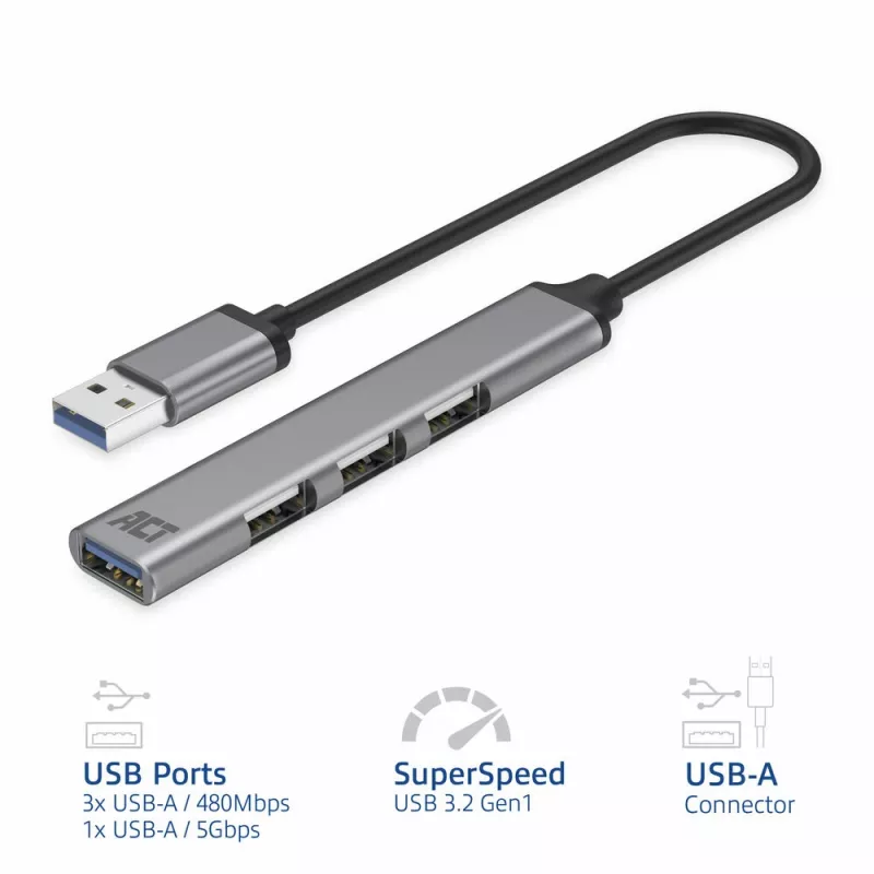 ACT AC6325 USB 3.2 Gen 1 Type-A USB šakotuvas 4 prievadai pilka spalva