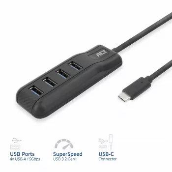 ACT AC6420 USB-C centrinis įrenginys 4x USB-A 3.2 Gen 1 juodas
