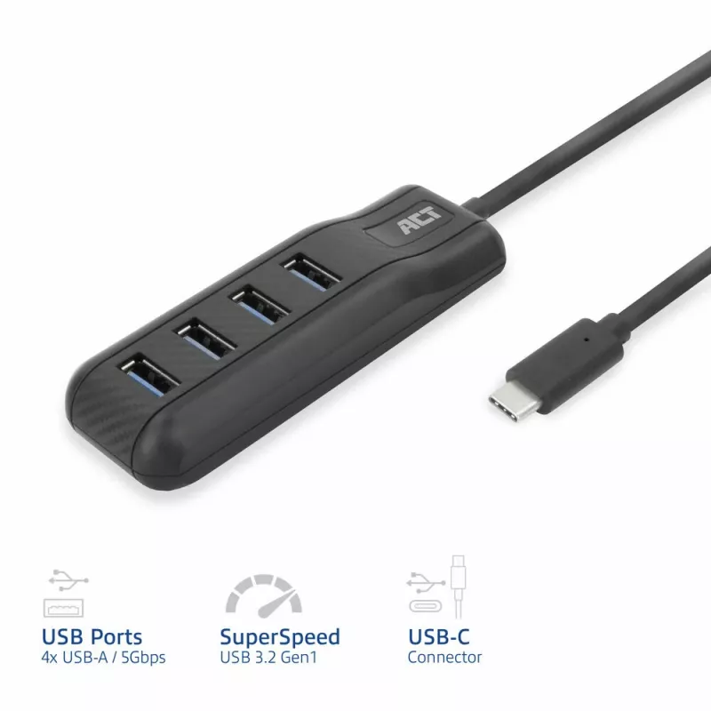 ACT AC6420 USB-C centrinis įrenginys 4x USB-A 3.2 Gen 1 juodas