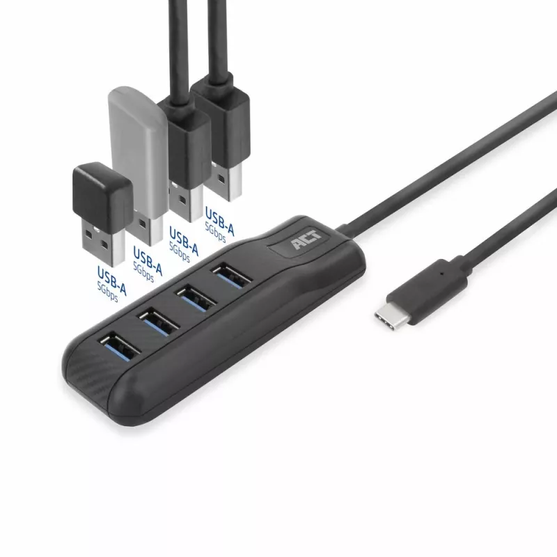 ACT AC6420 USB-C centrinis įrenginys 4x USB-A 3.2 Gen 1 juodas