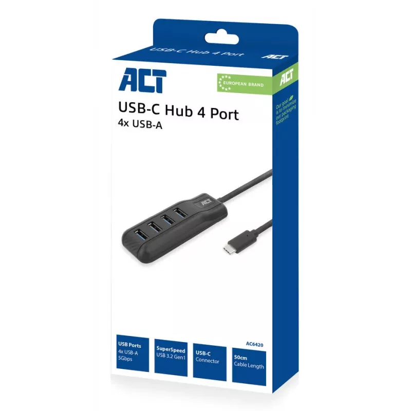 ACT AC6420 USB-C centrinis įrenginys 4x USB-A 3.2 Gen 1 juodas