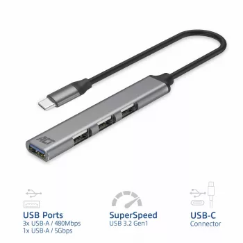 USB šakotuvas ACT AC6425 Type-C 5000 Mbit/s aliuminis pilkas