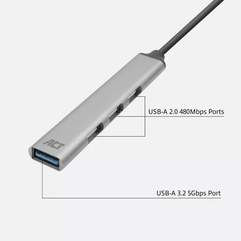 USB šakotuvas ACT AC6425 Type-C 5000 Mbit/s aliuminis pilkas