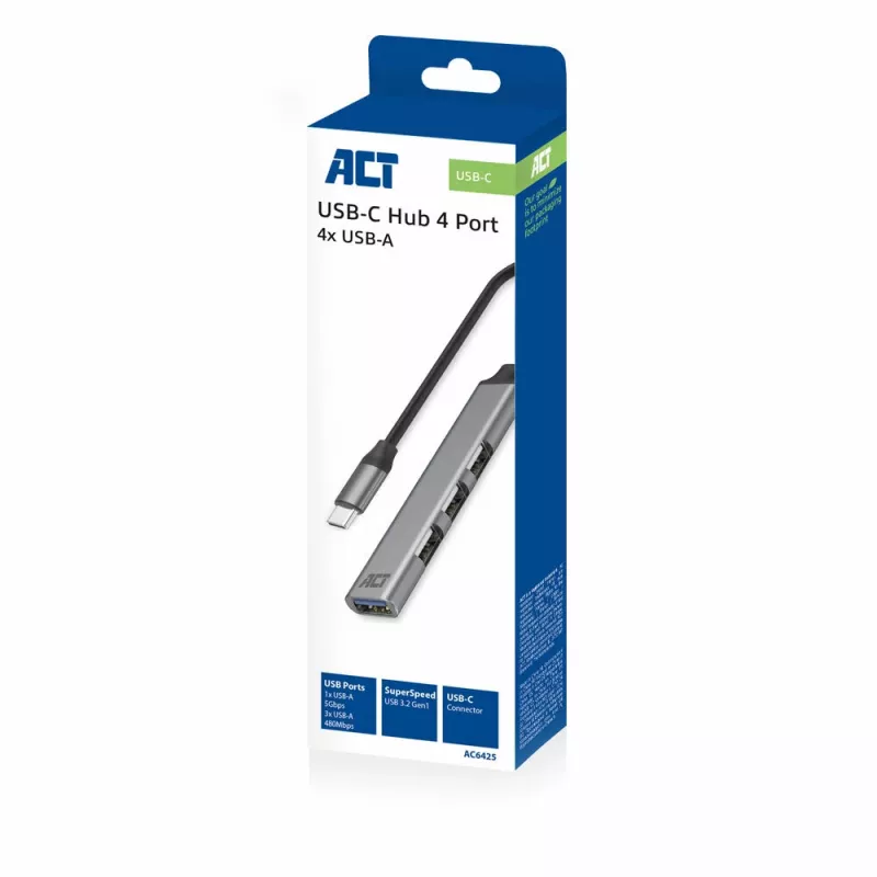 USB šakotuvas ACT AC6425 Type-C 5000 Mbit/s aliuminis pilkas