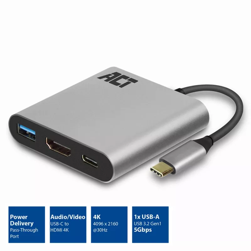 ACT USB-C kelių prievadų adapteris AC7022 – HDMI, USB-A, PD 60W