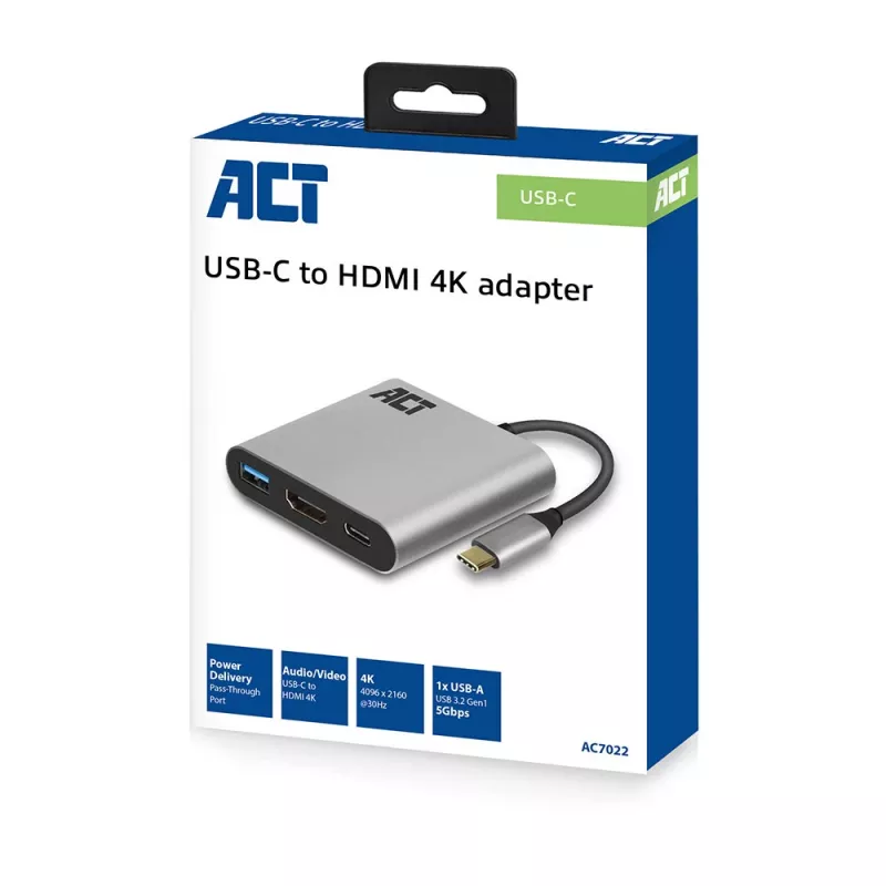 ACT USB-C kelių prievadų adapteris AC7022 – HDMI, USB-A, PD 60W