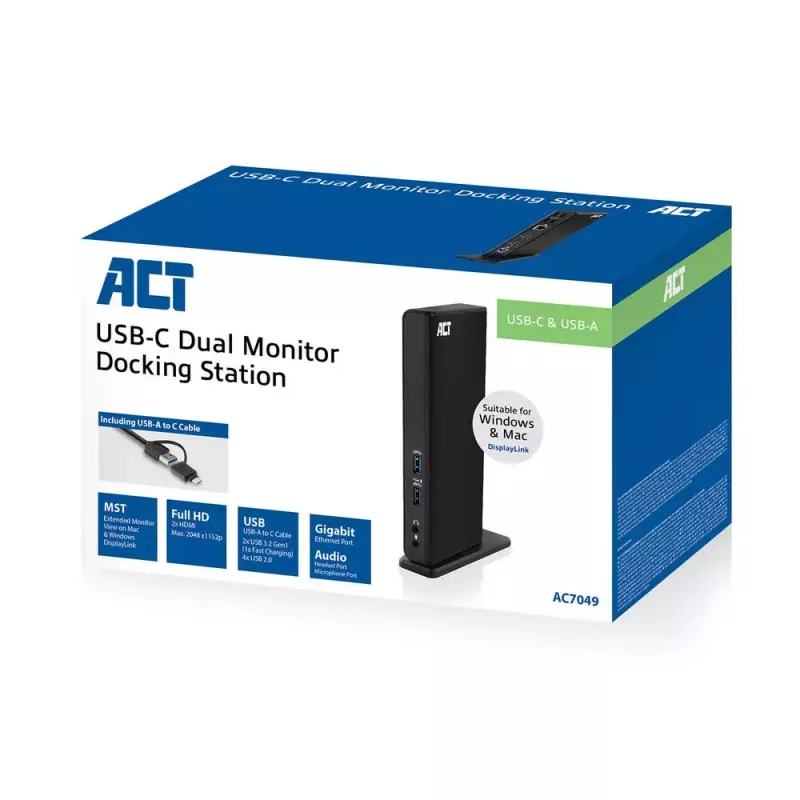 ACT universali USB-C arba USB-A dokų stotelė, skirta 2 HDMI monitoriams, DisplayLink