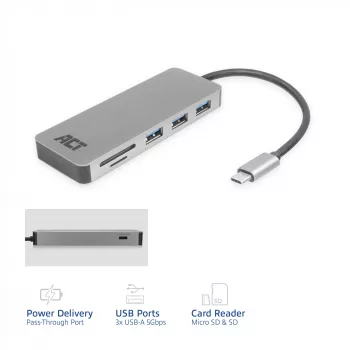 ACT USB-C 3.0 stotelė, 3x USB-A, kortelių skaitytuvas, PD perdavimas