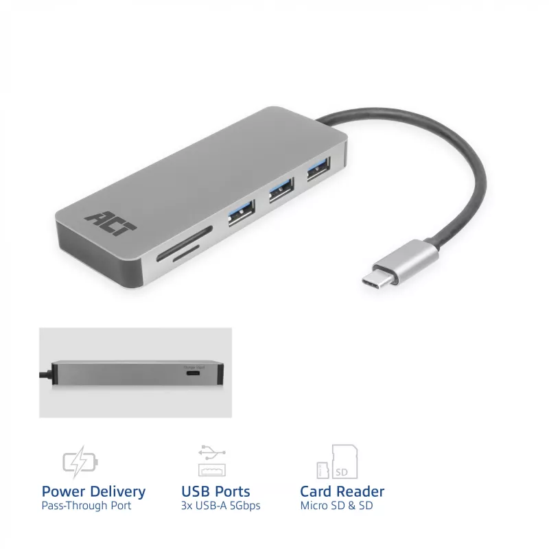 ACT USB-C 3.0 stotelė, 3x USB-A, kortelių skaitytuvas, PD perdavimas