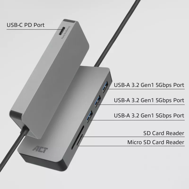 ACT USB-C 3.0 stotelė, 3x USB-A, kortelių skaitytuvas, PD perdavimas