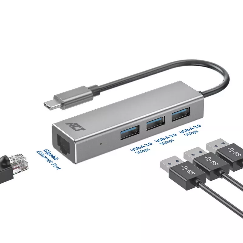 USB-C Hub ACT AC7055 3x USB-A Gigabit Ethernet