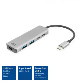 ACT AC7072 USB 3.2 Gen 1 Type-C centrinis įrenginys 5000 Mbit/s juoda pilka