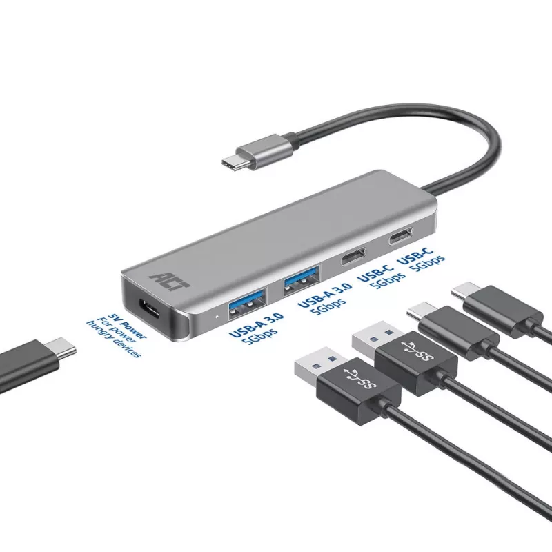 ACT AC7072 USB 3.2 Gen 1 Type-C centrinis įrenginys 5000 Mbit/s juoda pilka