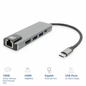 ACT USB-C 4K dokavimo stotelė 1 HDMI monitoriui, Ethernet, USB-A, PD praėjimas