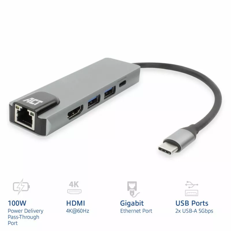ACT USB-C 4K dokavimo stotelė 1 HDMI monitoriui, Ethernet, USB-A, PD praėjimas