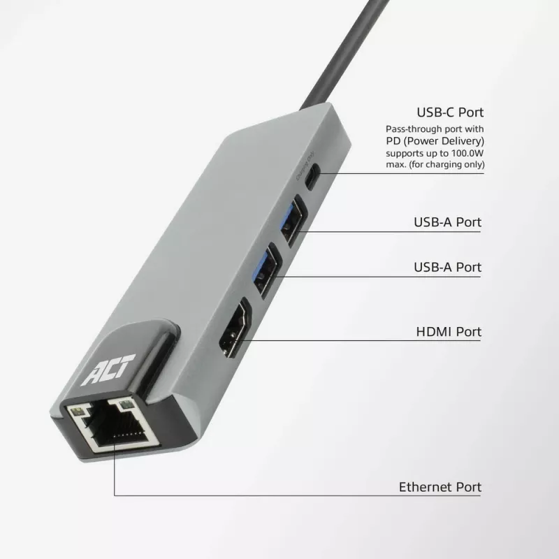 ACT USB-C 4K dokavimo stotelė 1 HDMI monitoriui, Ethernet, USB-A, PD praėjimas