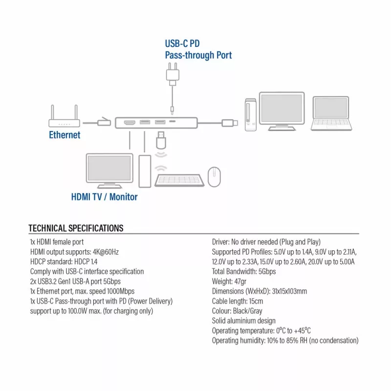 ACT USB-C 4K dokavimo stotelė 1 HDMI monitoriui, Ethernet, USB-A, PD praėjimas