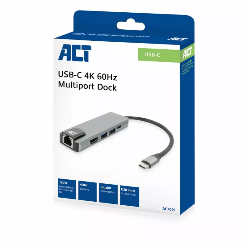 ACT USB-C 4K dokavimo stotelė 1 HDMI monitoriui, Ethernet, USB-A, PD praėjimas
