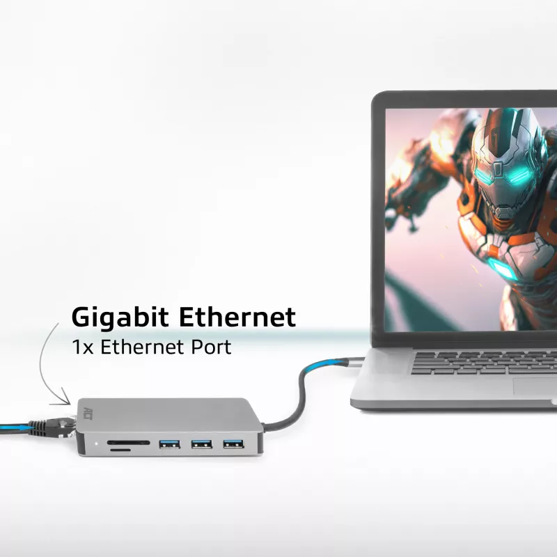 ACT USB-C 4K dokų stotelė su 1 HDMI monitoriumi, Ethernet, USB-C, USB-A, kortelių skaitytuvu ir PD perdavimu