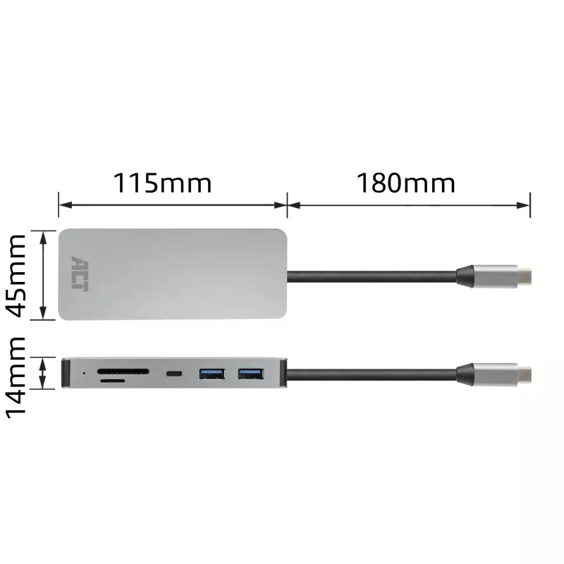 ACT USB-C 4K dokų stotelė su 1 HDMI monitoriumi, Ethernet, USB-C, USB-A, kortelių skaitytuvu ir PD perdavimu