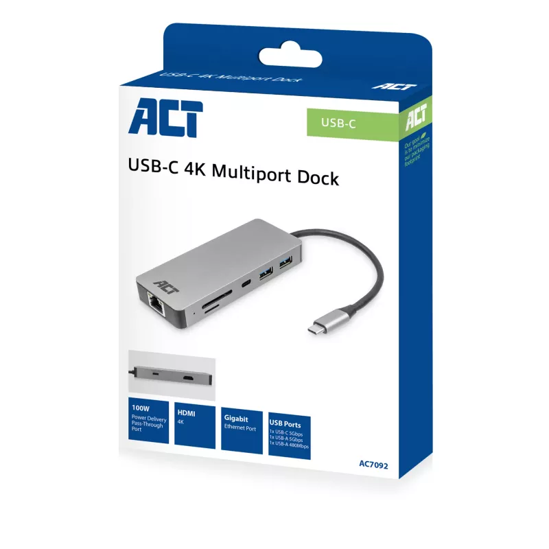 ACT USB-C 4K dokų stotelė su 1 HDMI monitoriumi, Ethernet, USB-C, USB-A, kortelių skaitytuvu ir PD perdavimu