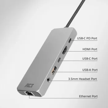 ACT USB-C 4K / 8K 30Hz dokavimo stotelė su 1 HDMI monitoriumi, 2,5 Gigabit eternetu, USB-C 10Gbps, USB-A 10Gbps, 3,5 mm garso išvestimi, PD praėjimu