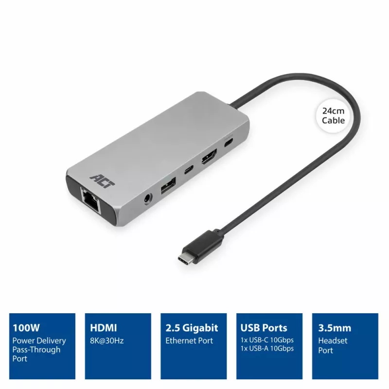 ACT USB-C 4K / 8K 30Hz dokavimo stotelė su 1 HDMI monitoriumi, 2,5 Gigabit eternetu, USB-C 10Gbps, USB-A 10Gbps, 3,5 mm garso išvestimi, PD praėjimu
