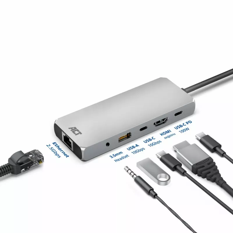 ACT USB-C 4K / 8K 30Hz dokavimo stotelė su 1 HDMI monitoriumi, 2,5 Gigabit eternetu, USB-C 10Gbps, USB-A 10Gbps, 3,5 mm garso išvestimi, PD praėjimu