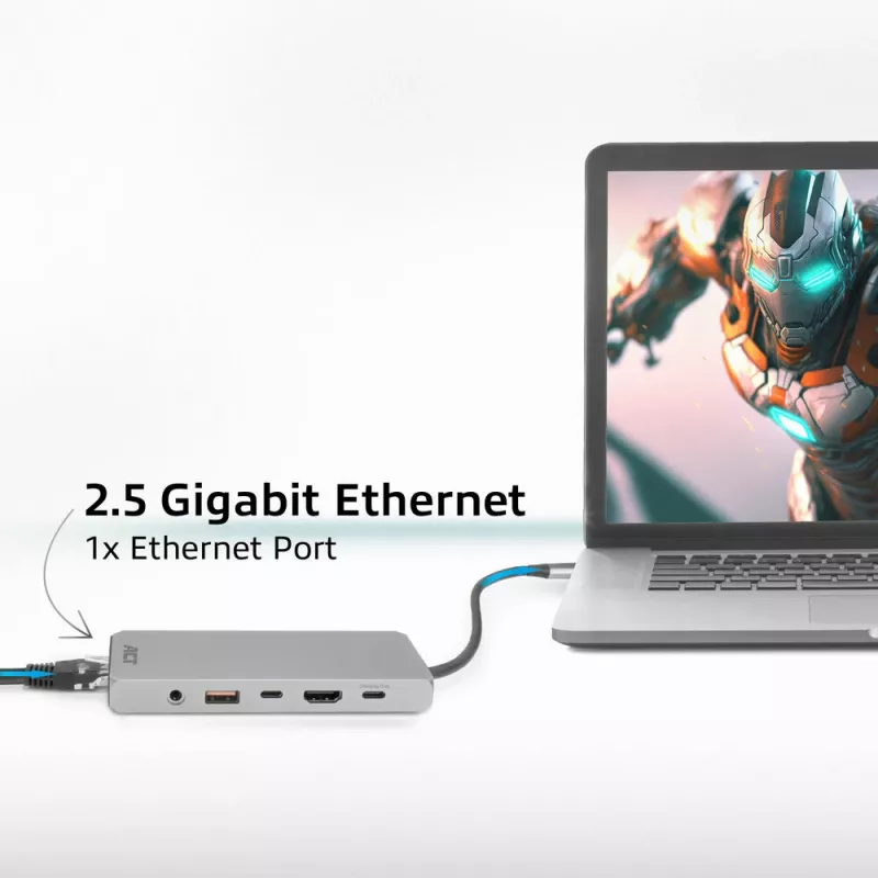 ACT USB-C 4K / 8K 30Hz dokavimo stotelė su 1 HDMI monitoriumi, 2,5 Gigabit eternetu, USB-C 10Gbps, USB-A 10Gbps, 3,5 mm garso išvestimi, PD praėjimu