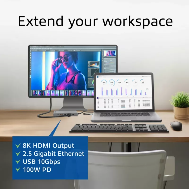 ACT USB-C 4K / 8K 30Hz dokavimo stotelė su 1 HDMI monitoriumi, 2,5 Gigabit eternetu, USB-C 10Gbps, USB-A 10Gbps, 3,5 mm garso išvestimi, PD praėjimu