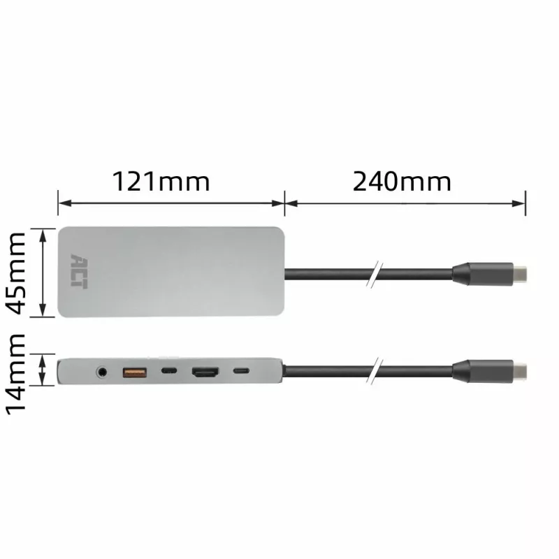 ACT USB-C 4K / 8K 30Hz dokavimo stotelė su 1 HDMI monitoriumi, 2,5 Gigabit eternetu, USB-C 10Gbps, USB-A 10Gbps, 3,5 mm garso išvestimi, PD praėjimu