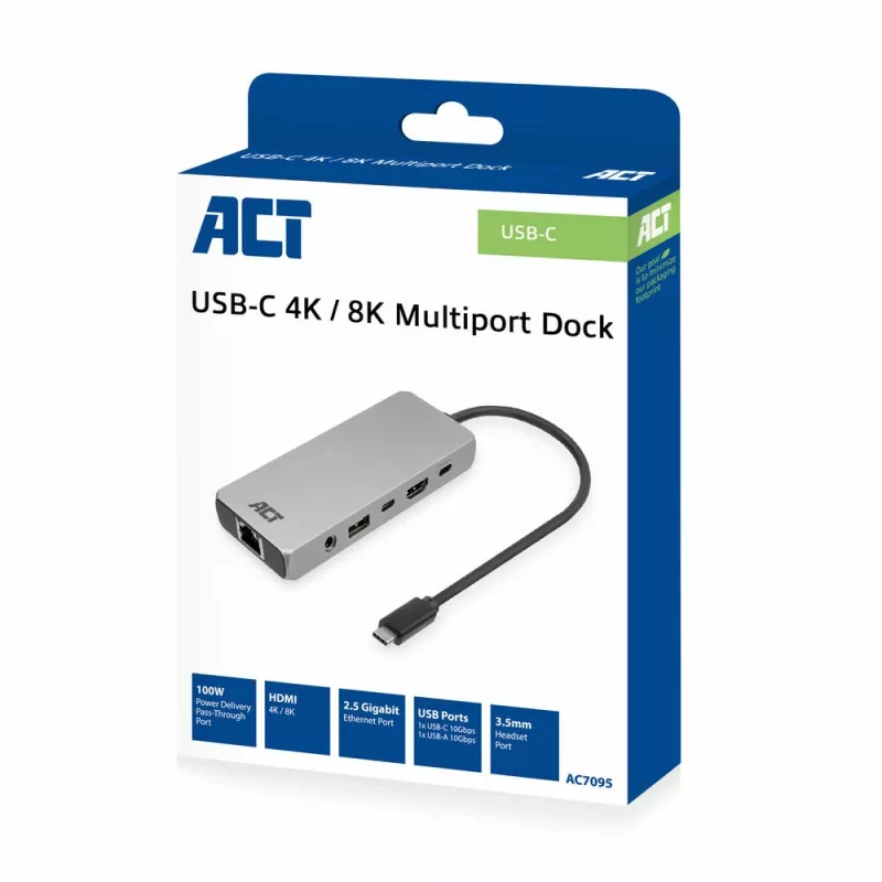 ACT USB-C 4K / 8K 30Hz dokavimo stotelė su 1 HDMI monitoriumi, 2,5 Gigabit eternetu, USB-C 10Gbps, USB-A 10Gbps, 3,5 mm garso išvestimi, PD praėjimu