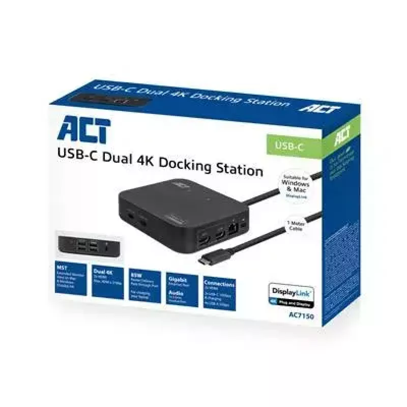 ACT Universal USB-C dokų stotelė 4K, 2 HDMI/DisplayPort monitoriams, DisplayLink, kompaktiškas dizainas
