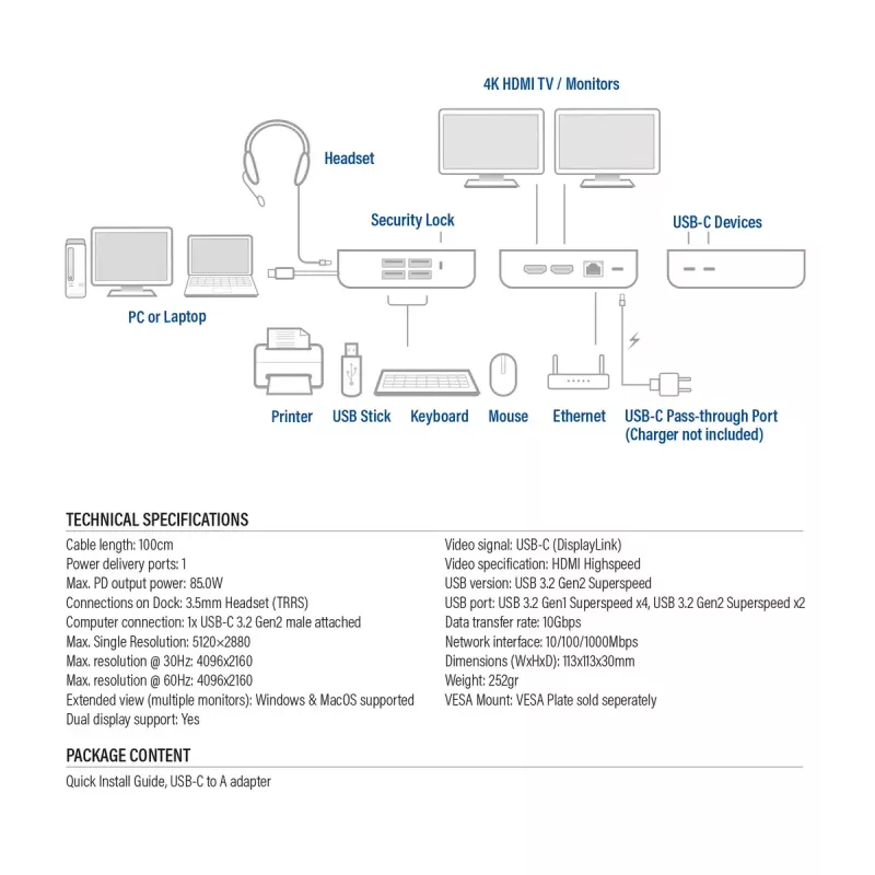 ACT Universal USB-C dokų stotelė 4K, 2 HDMI/DisplayPort monitoriams, DisplayLink, kompaktiškas dizainas