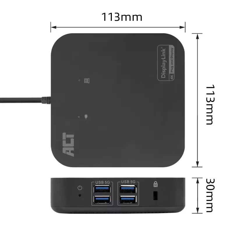 ACT Universal USB-C dokų stotelė 4K, 2 HDMI/DisplayPort monitoriams, DisplayLink, kompaktiškas dizainas