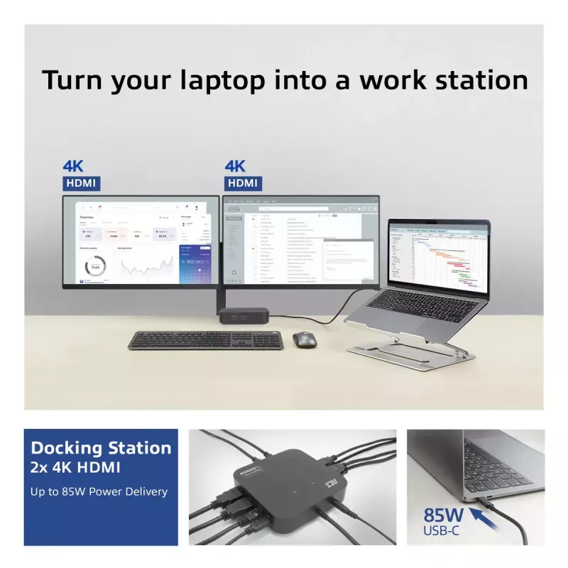 ACT Universal USB-C dokų stotelė 4K, 2 HDMI/DisplayPort monitoriams, DisplayLink, kompaktiškas dizainas